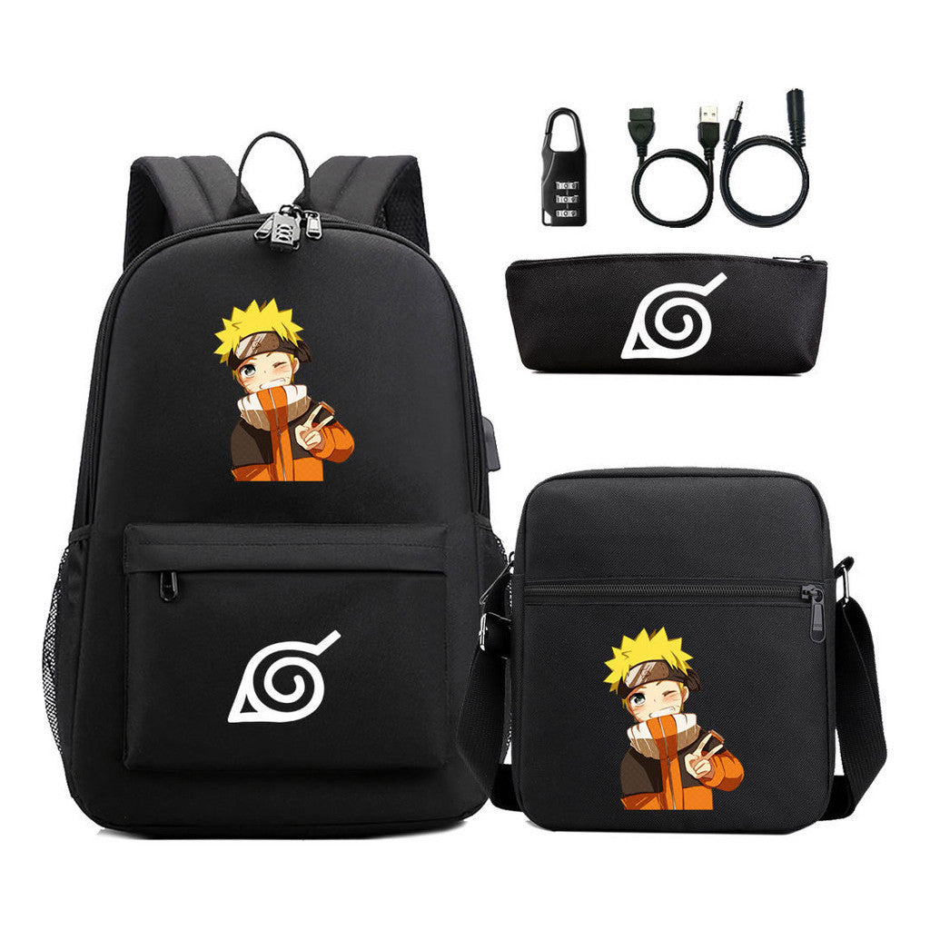 Naruto Usb Password Lock Backpack Three Piece Set For Men And Women Backpack Set