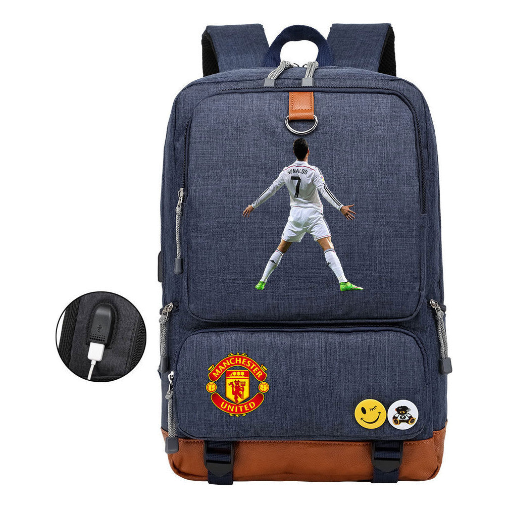 Football Star Cristiano Ronaldo Printed Usb Youth Backpack For Leisure Travel Backpack