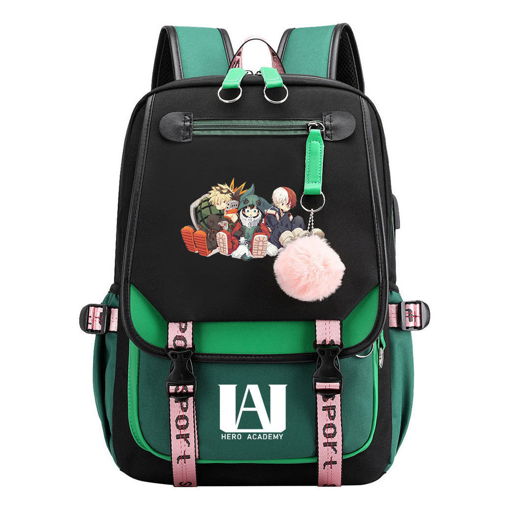 Comics My Heroes Academy Usb Student Backpack Casual Ribbon Flip Backpack