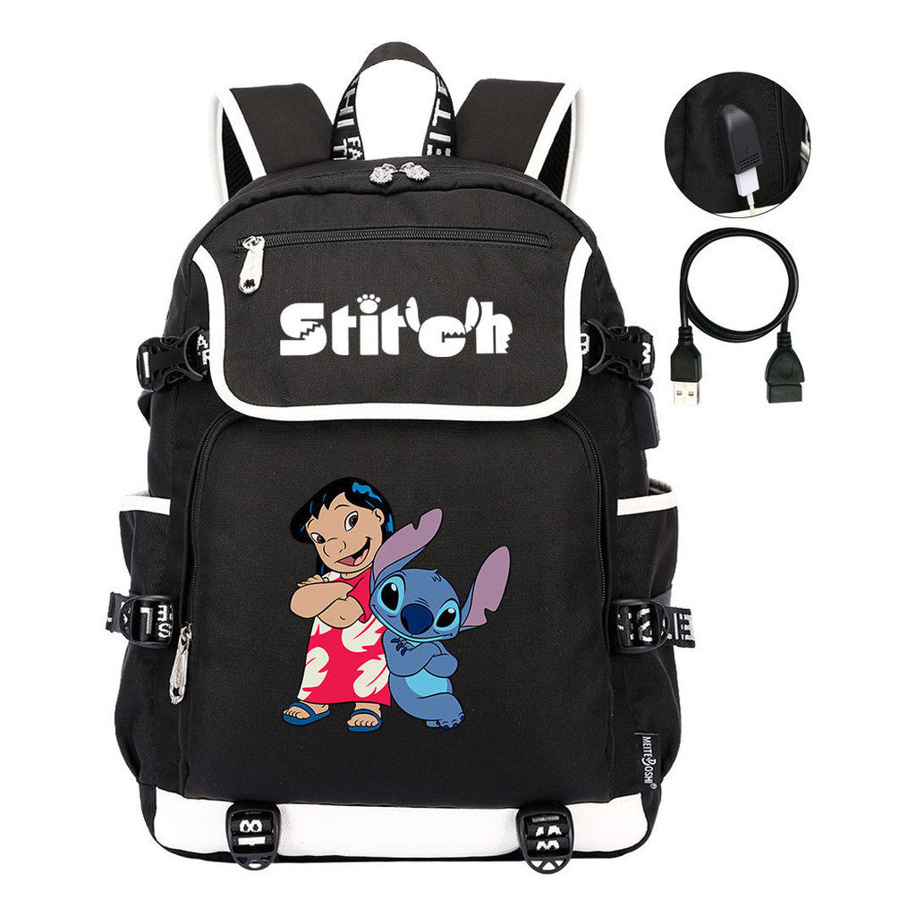Anime Star Baby Stitch Printed Usb Student Backpack For Men And Women's Leisure Travel Backpack