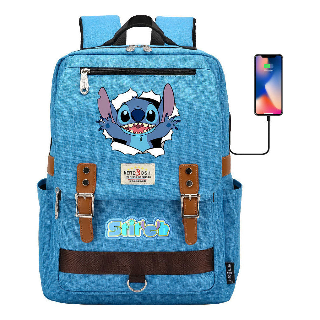Anime Star Baby Stitch Printed Youth Student School Bag Casual Magnetic Buckle Backpack
