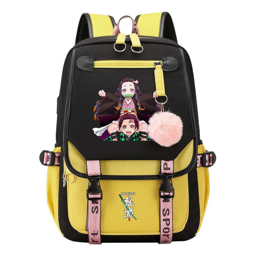 Cartoon Fashion Usb Youth School Bag For Boys And Girls Casual Ribbon Flip Backpack