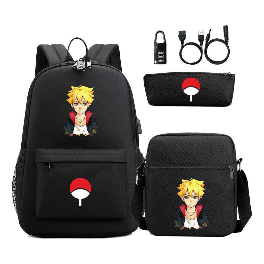 Naruto Usb Password Lock Year Student School Bag Three Piece Set Backpack Set