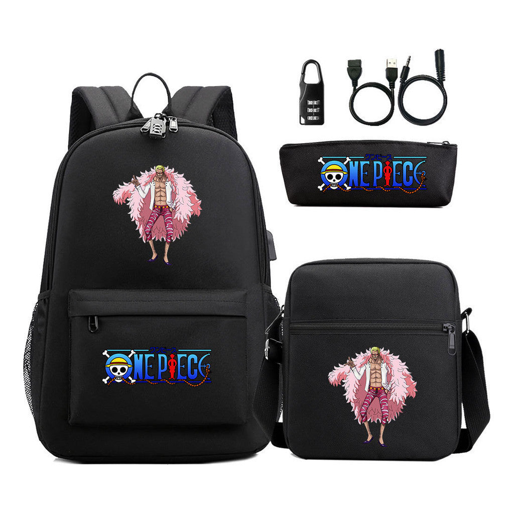 Cartoon Pirate King Usb Password Lock Youth Student Backpack Three Piece Set Backpack