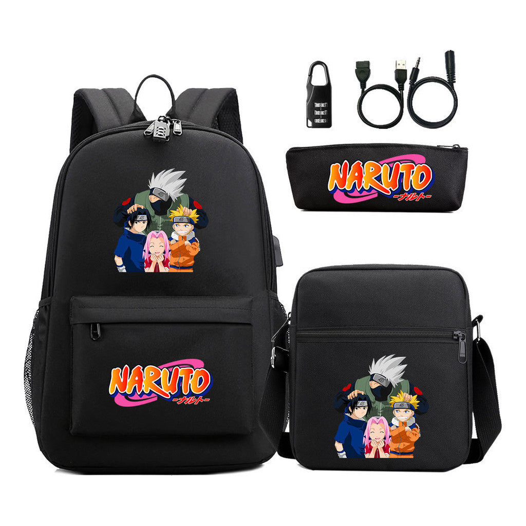 Naruto Usb Password Lock Youth Student Backpack Three Piece Set Backpack Set