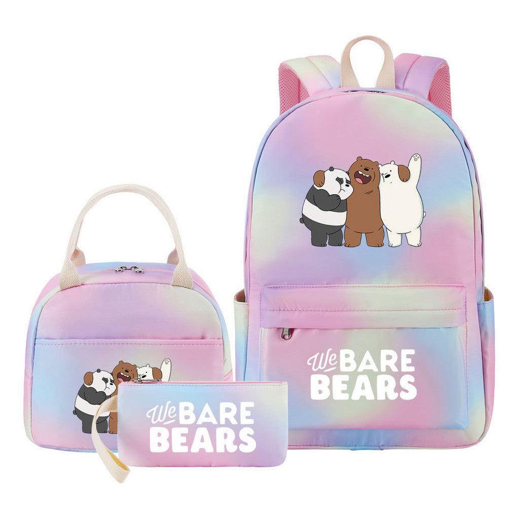 Cartoon Cute Three Bears Youth Student Girls School Bag Lunch Bag Three Piece Set Backpack Set