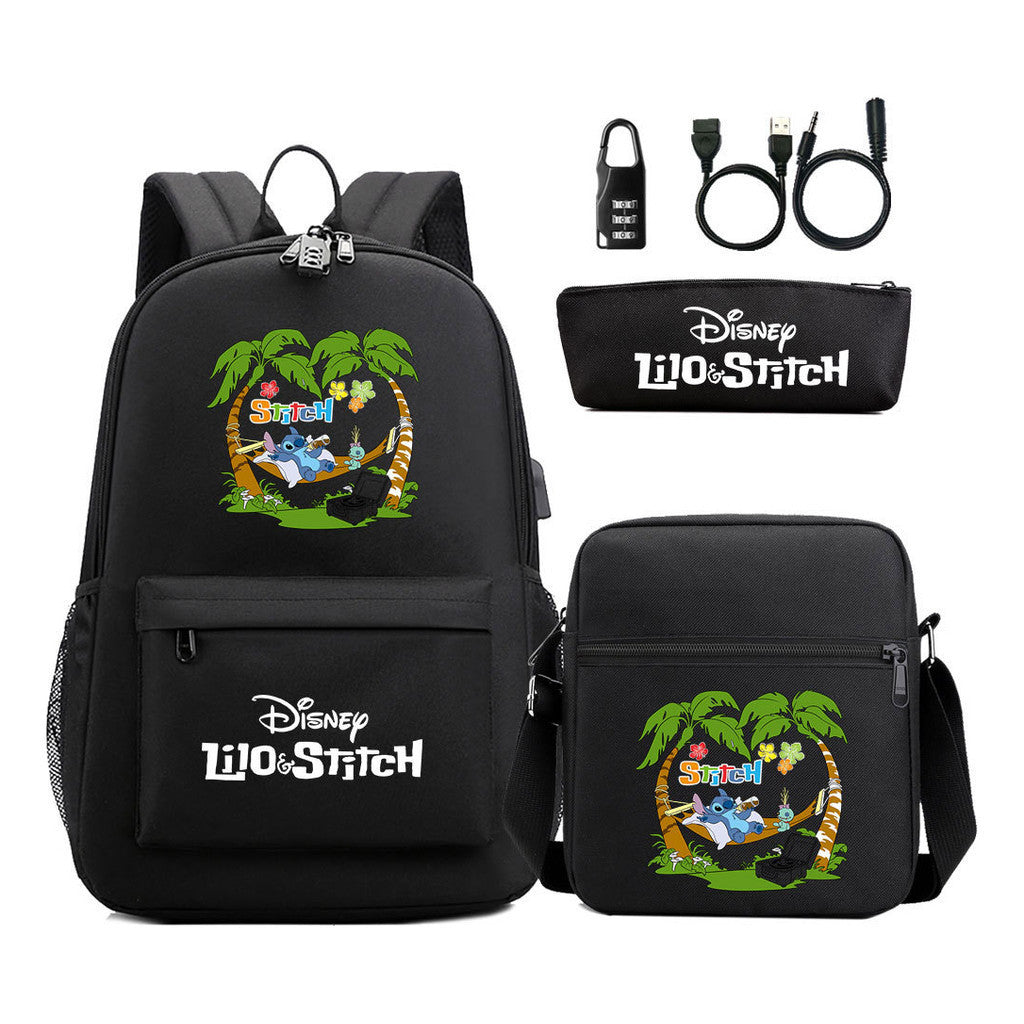 Interstellar Baby Stitch Usb Password Lock Youth Backpack 3-piece Set For Men And Women Backpacks
