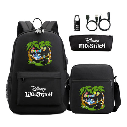 Interstellar Baby Stitch Usb Password Lock Youth Backpack 3-piece Set For Men And Women Backpacks