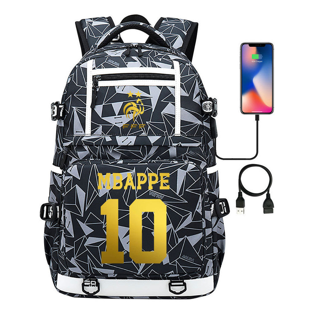 Golden Football Star Mbappe Usb Youth Student Backpack Backpack Leisure Travel Backpack