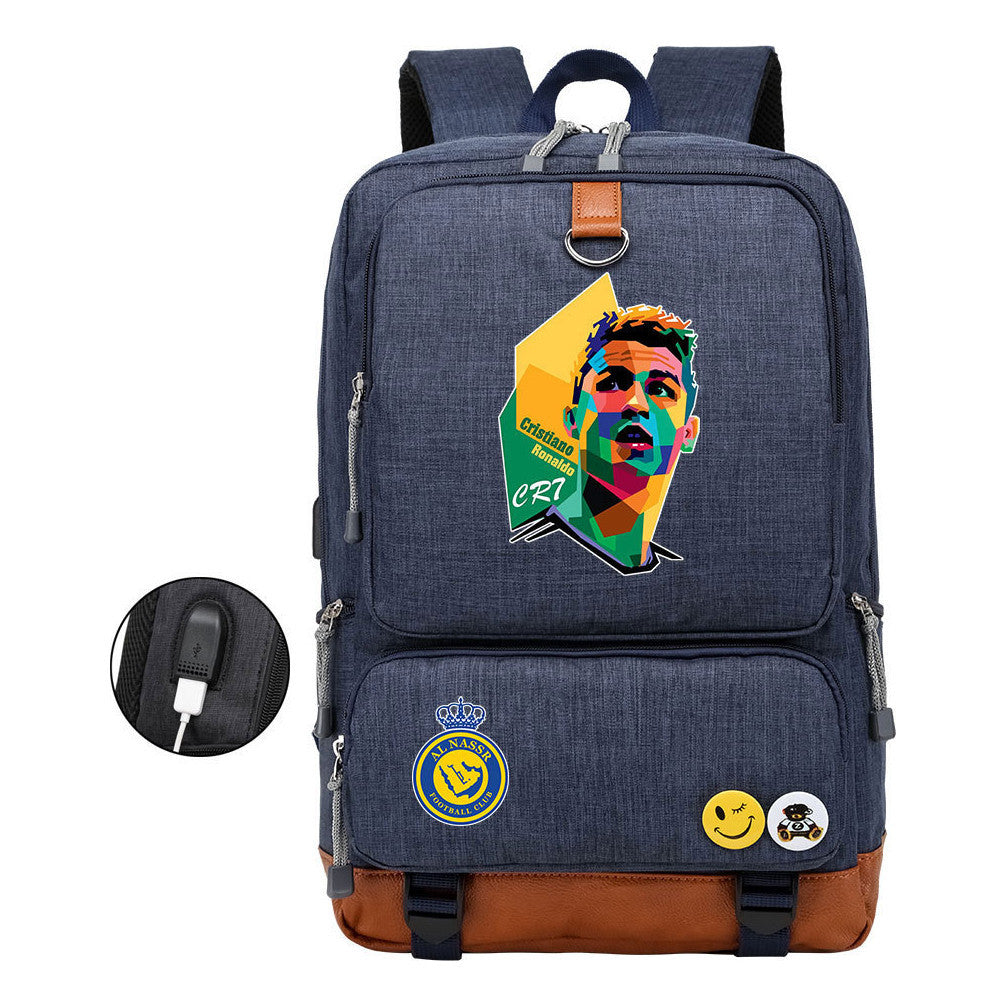 Football Star Cristiano Ronaldo Printed Usb Youth Student Backpack For Leisure Travel Backpack
