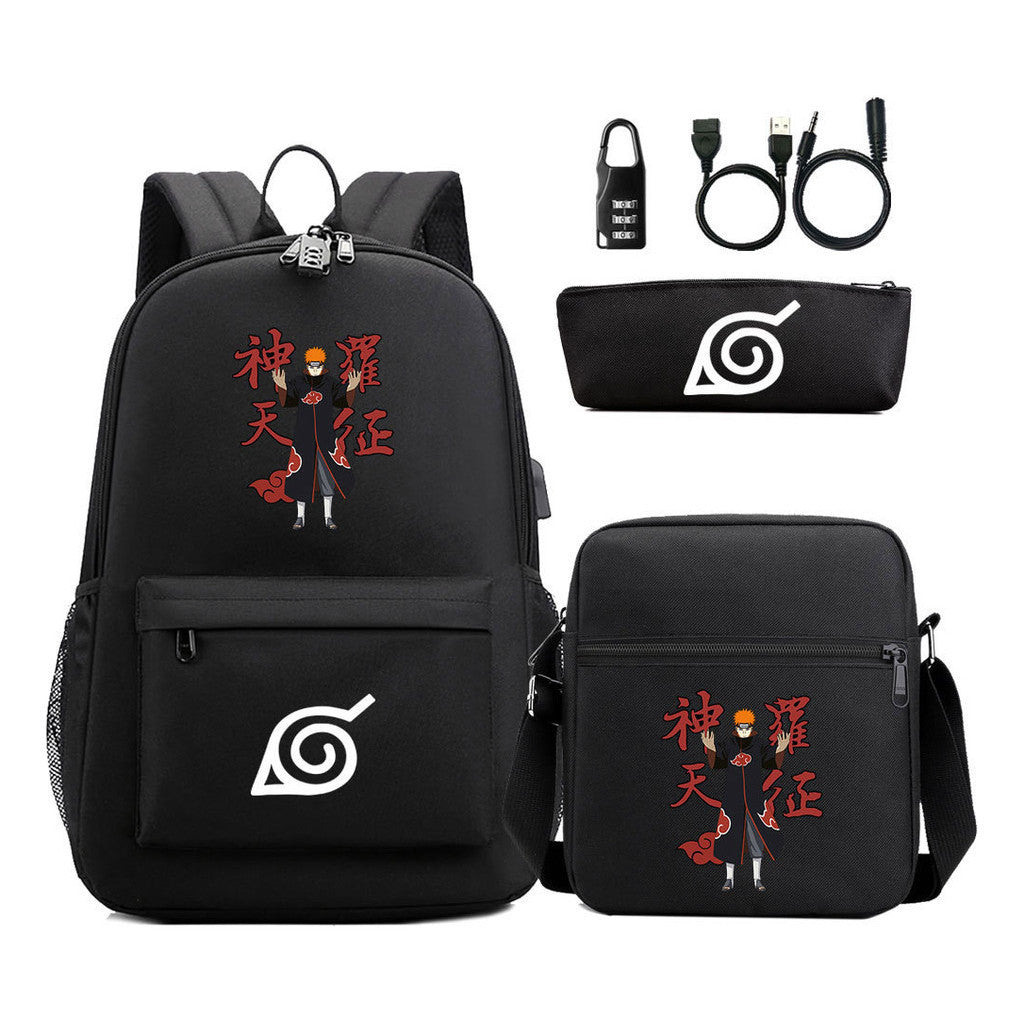 Naruto Usb Password Lock Backpack Three Piece Set For Men And Women Backpack Set
